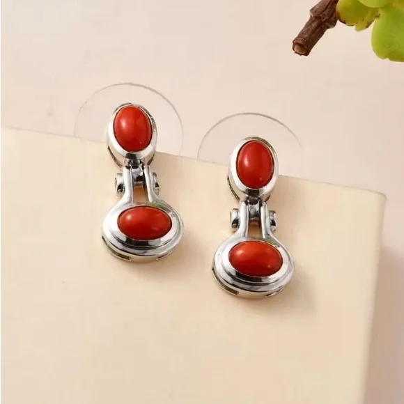 NWT Mediterranean Coral & White Zircon Earrings in Platinum over .925 Sterling